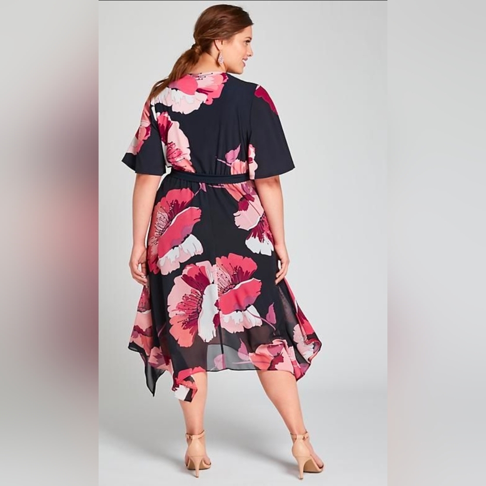 Lane Bryant Floral Sharkbite Hem Faux Wrap Midi Dress - Picture 2 of 2